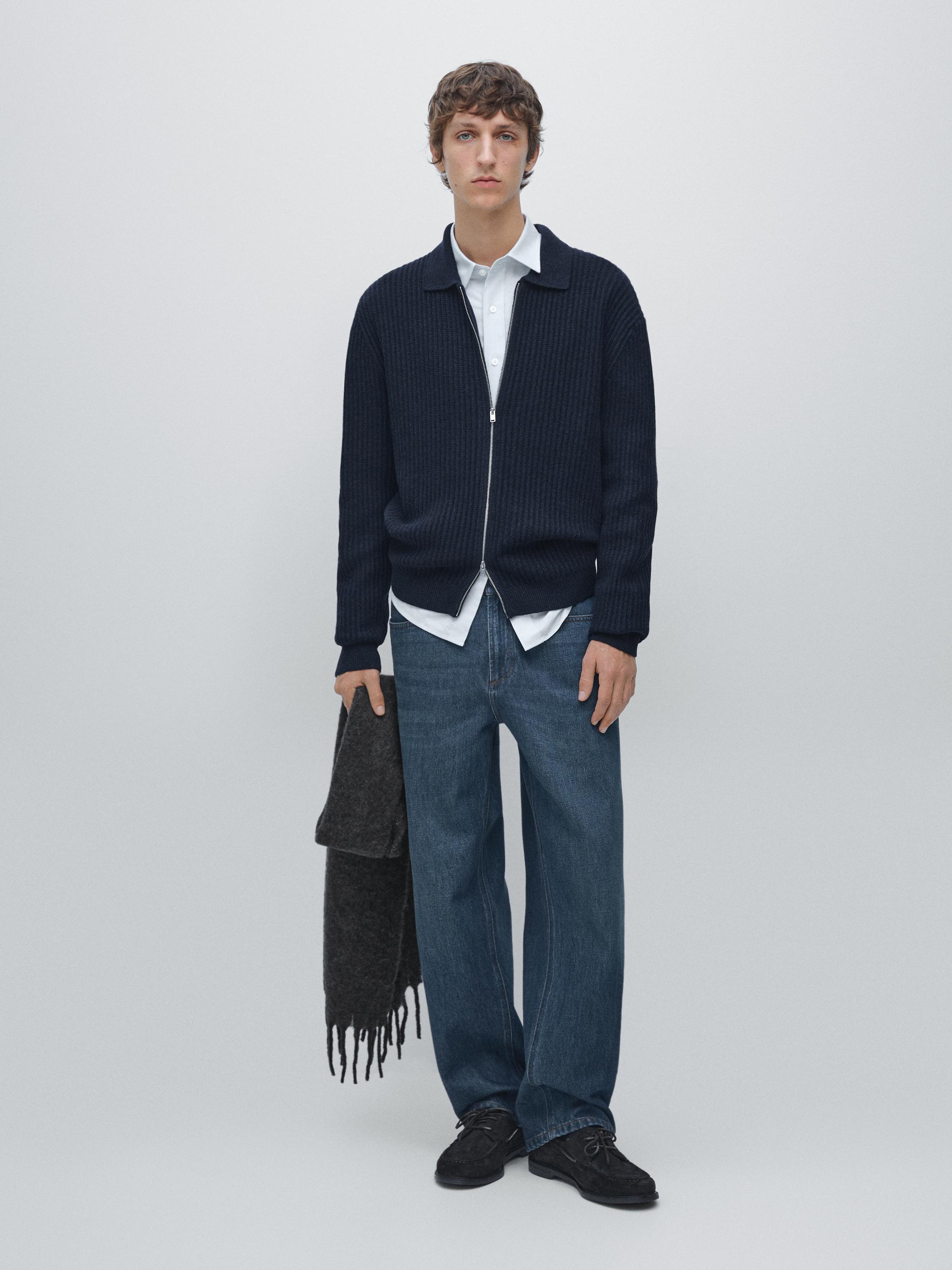 Cardigan côtelé zippé en coton et laine